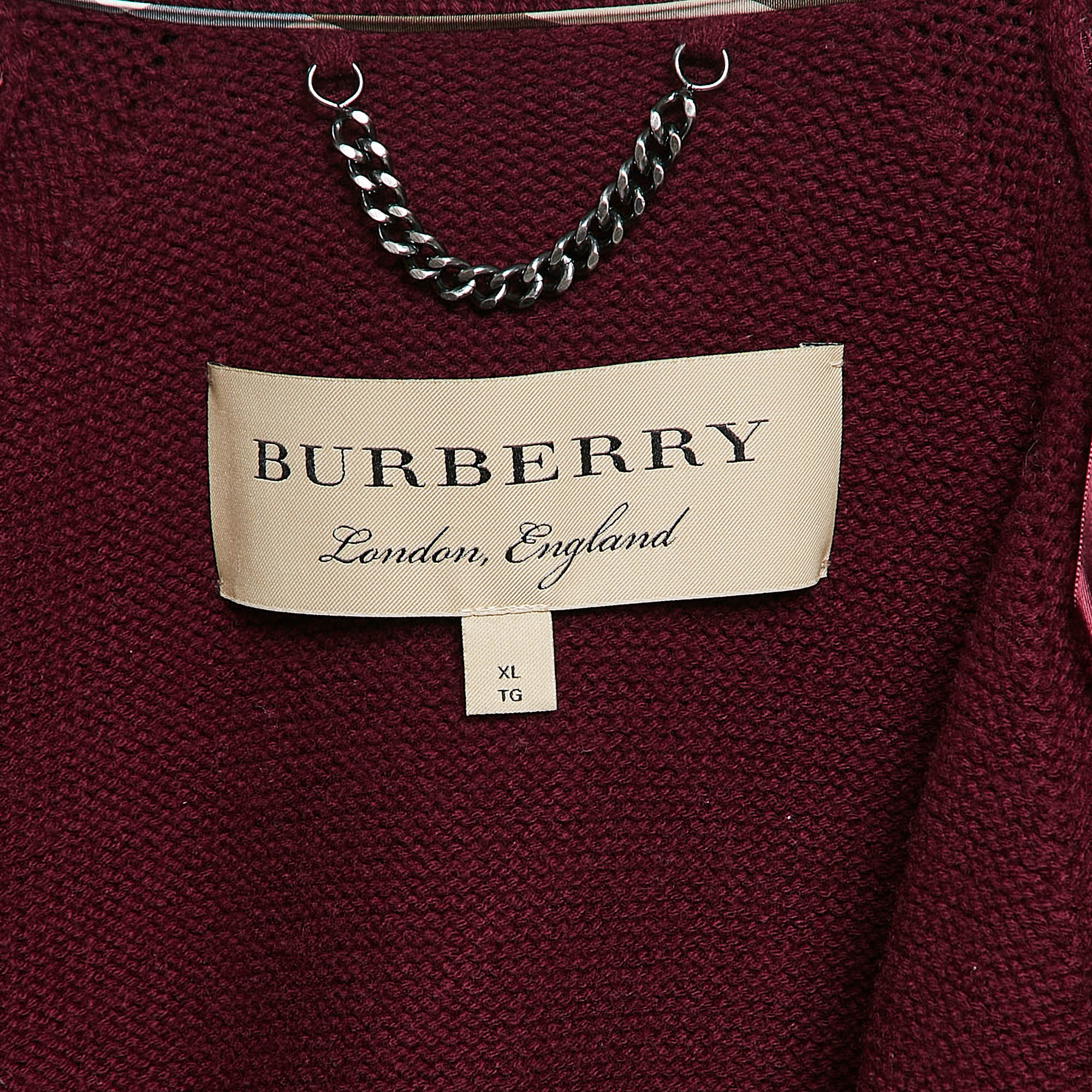 Burberry Burgundy Rib Knit Shawl Collar Cardigan XL