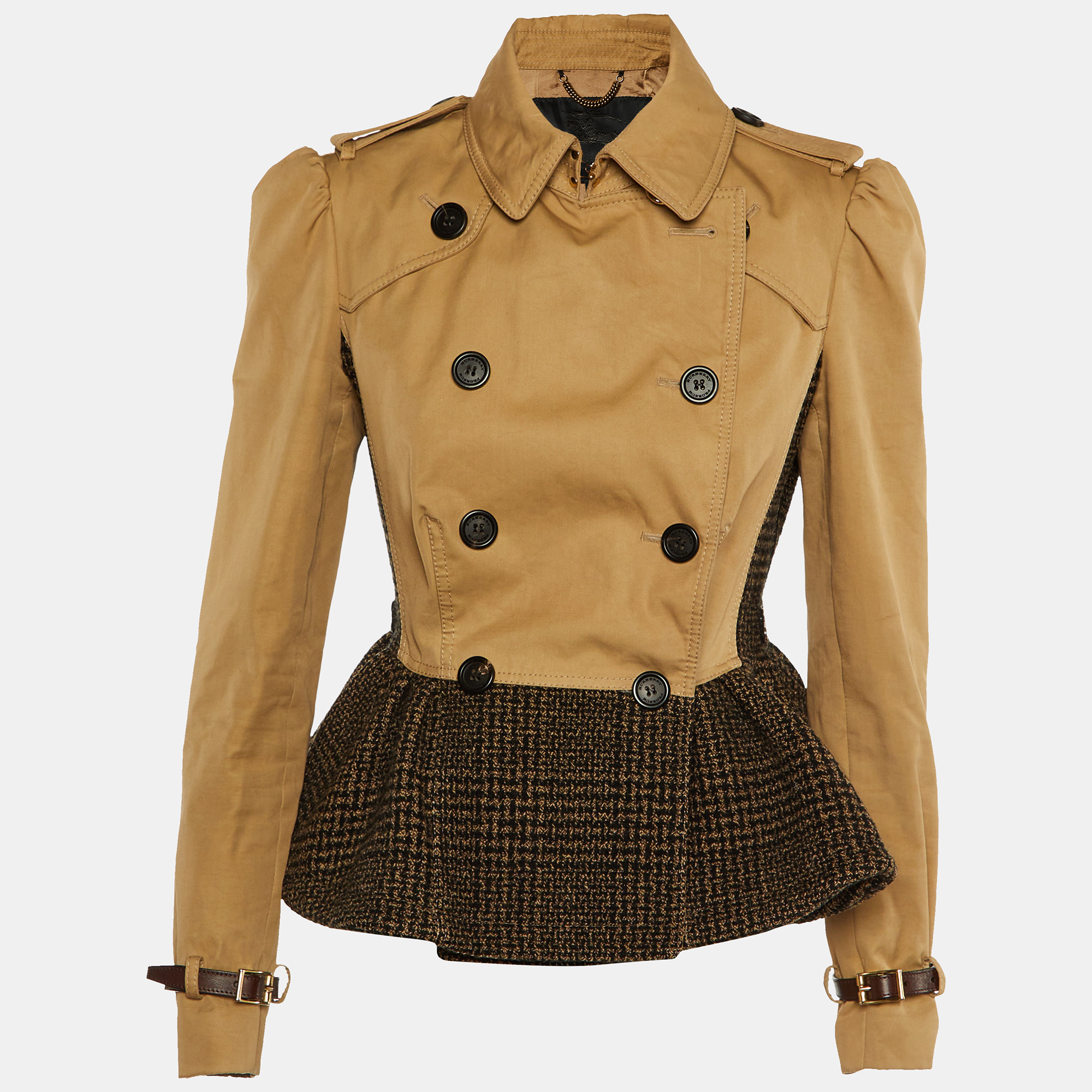 Burberry Prorsum Beige Cotton & Black Tweed Paneled Peplum Double Breasted Jacket M
Burberry Prorsum Beige Cotton & Black Tweed Paneled Peplum Double Breasted Jacket M
