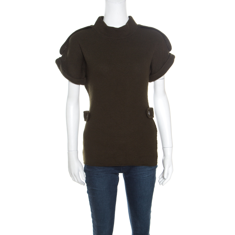 Image of Burberry Dark Green Merino Wool Tab Detail High Neck Sweater Top S