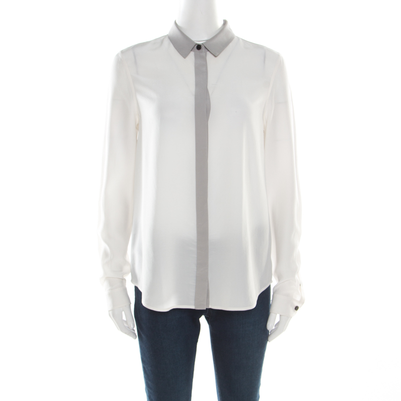 Image of Burberry London Grey and White Colorblock Silk Long Sleeve Shirt S