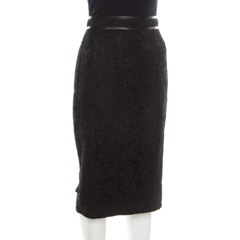 

Burberry London Black Floral Lace Leather Trim Detail Pencil Skirt