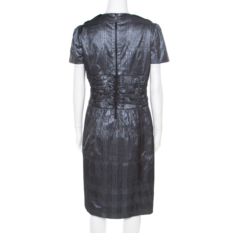 Burberry London Metallic Silver Jacquard Plunge Neck Short Sleeve Dress M