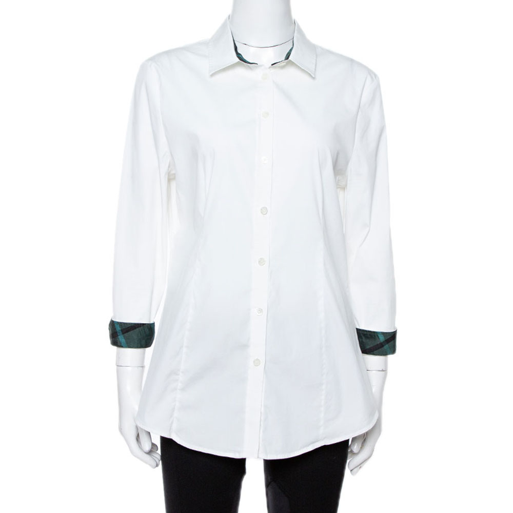Image of Burberry London White Stretch Cotton Long Sleeve Button Front Shirt M