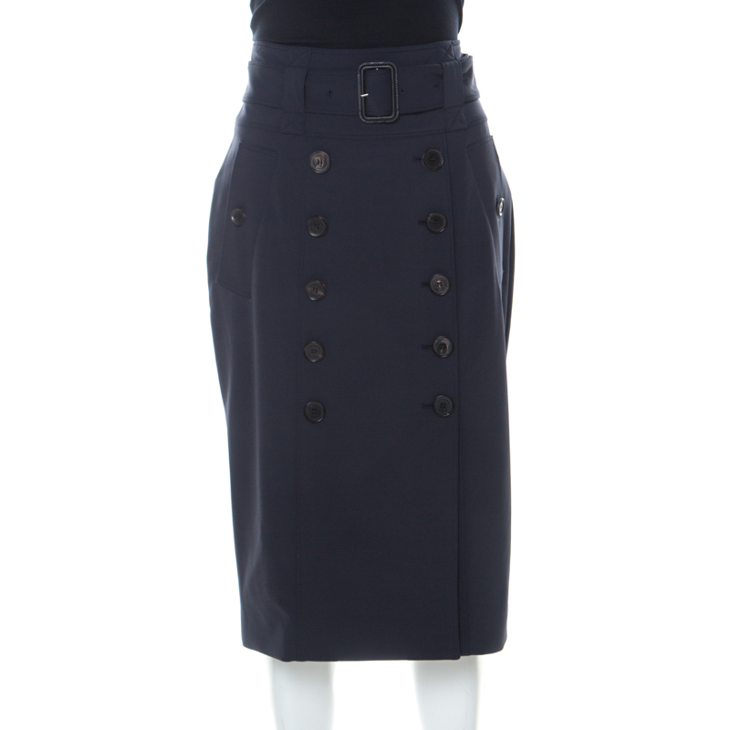 Image of Burberry Navy Blue Stretch Crepe Button Front Trench Midi Skirt L