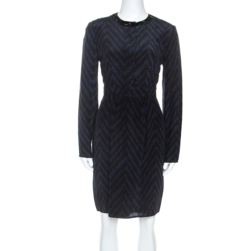 Image of Burberry Black & Blue Printed Silk Collar Detail Midi Dress M