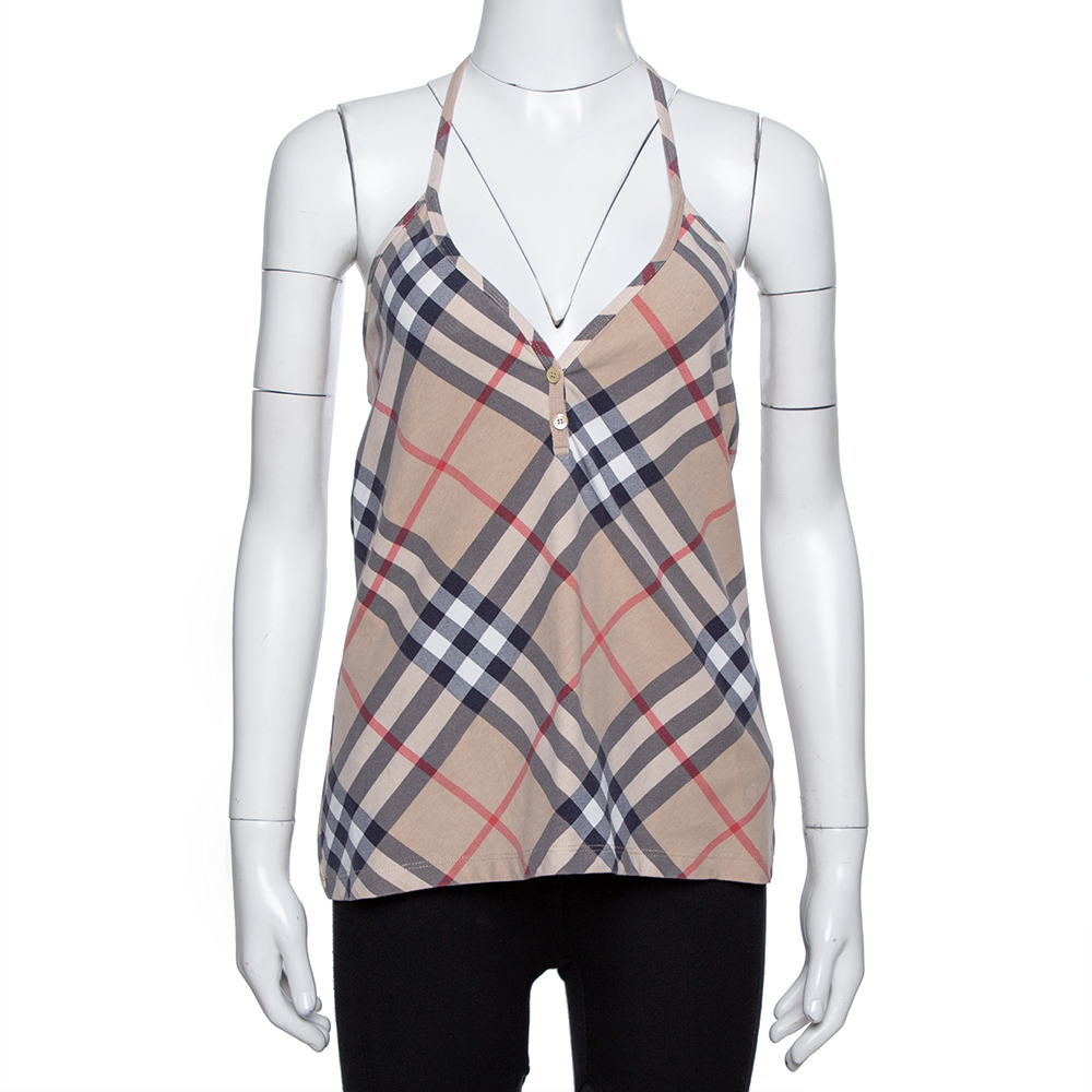 Image of Burberry Beige Nova Check Stretch Cotton Halter Neck Top XL