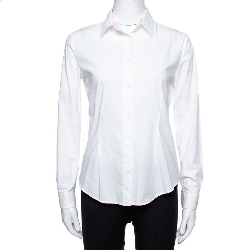 Image of Burberry White Stretch Cotton Button Front Shirt S