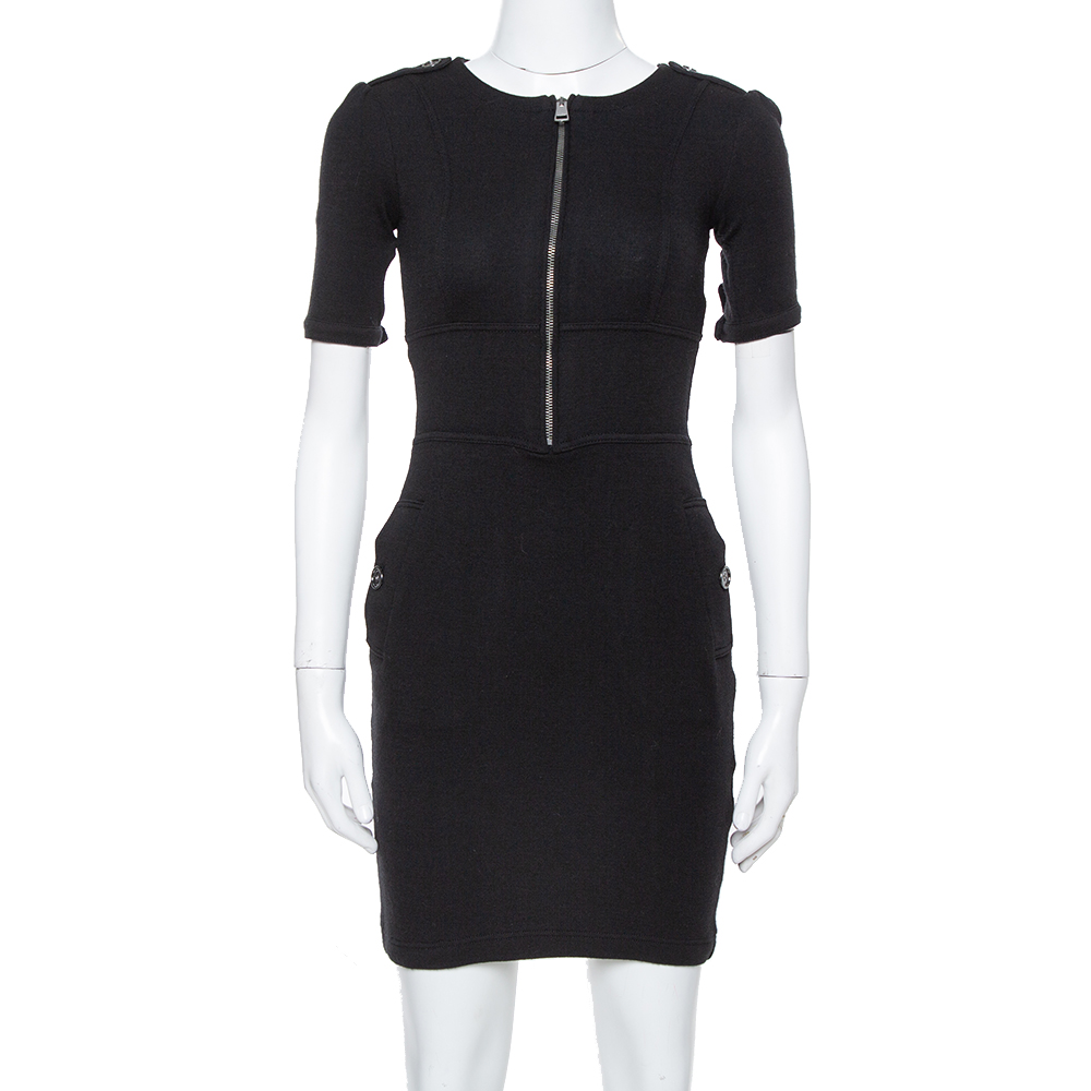 Image of Burberry Black Wool Front Zip Midi Dress XS