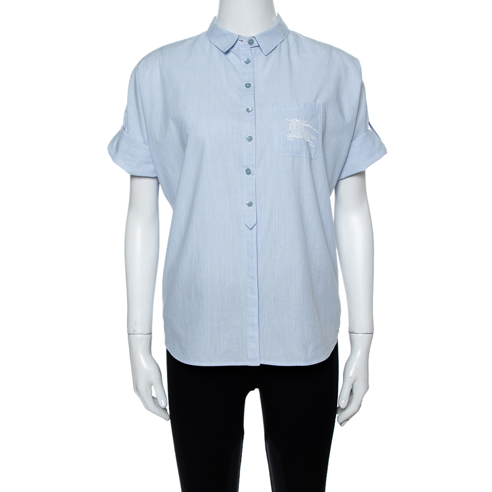 Image of Burberry Brit Light Blue Novacheck Detail Cotton Shirt XS