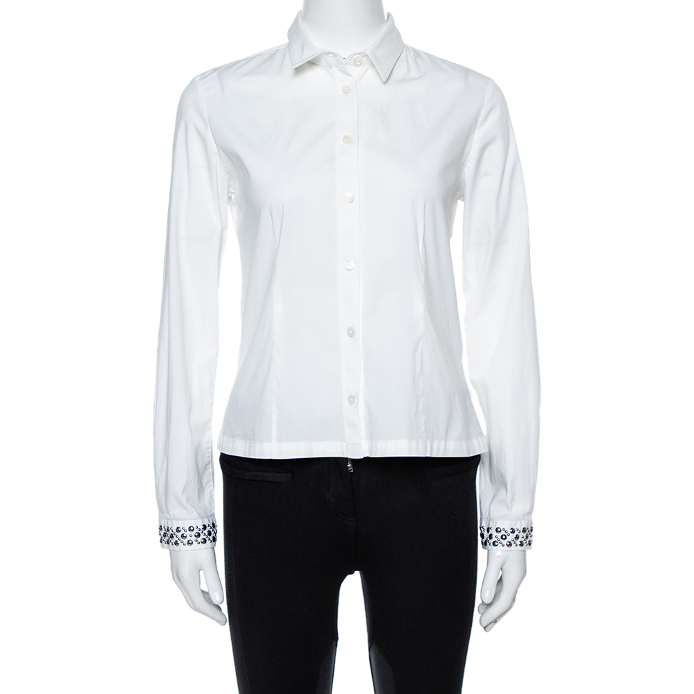 Burberry Brit White Cotton Studded Cuff Long Sleeve Shirt S