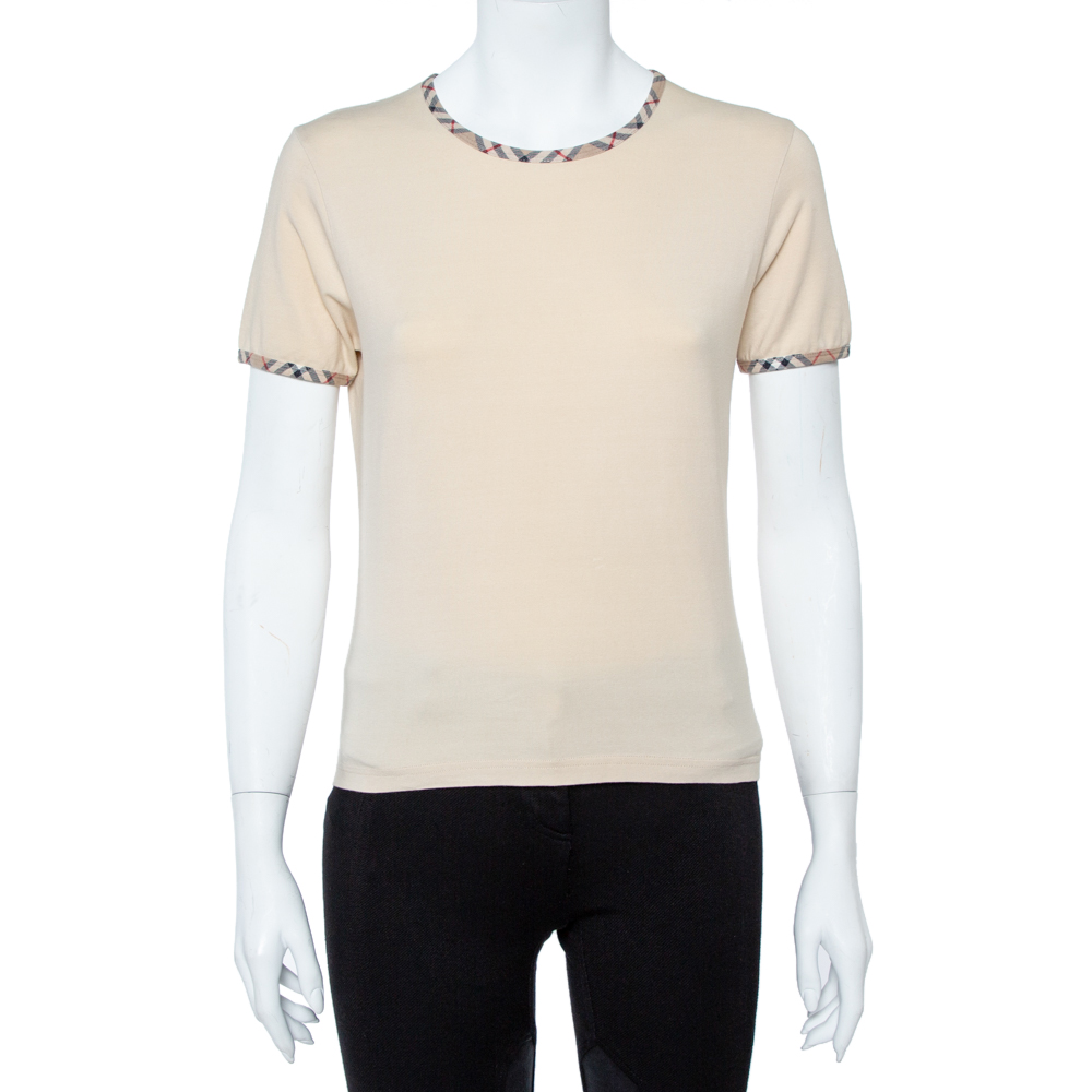 Image of Burberry Beige Cotton Check Trimmed Round Neck T-Shirt M