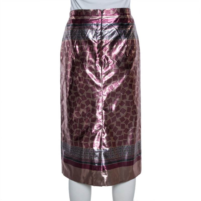 Burberry Champagne Pink Printed Lamé Pencil Skirt M
