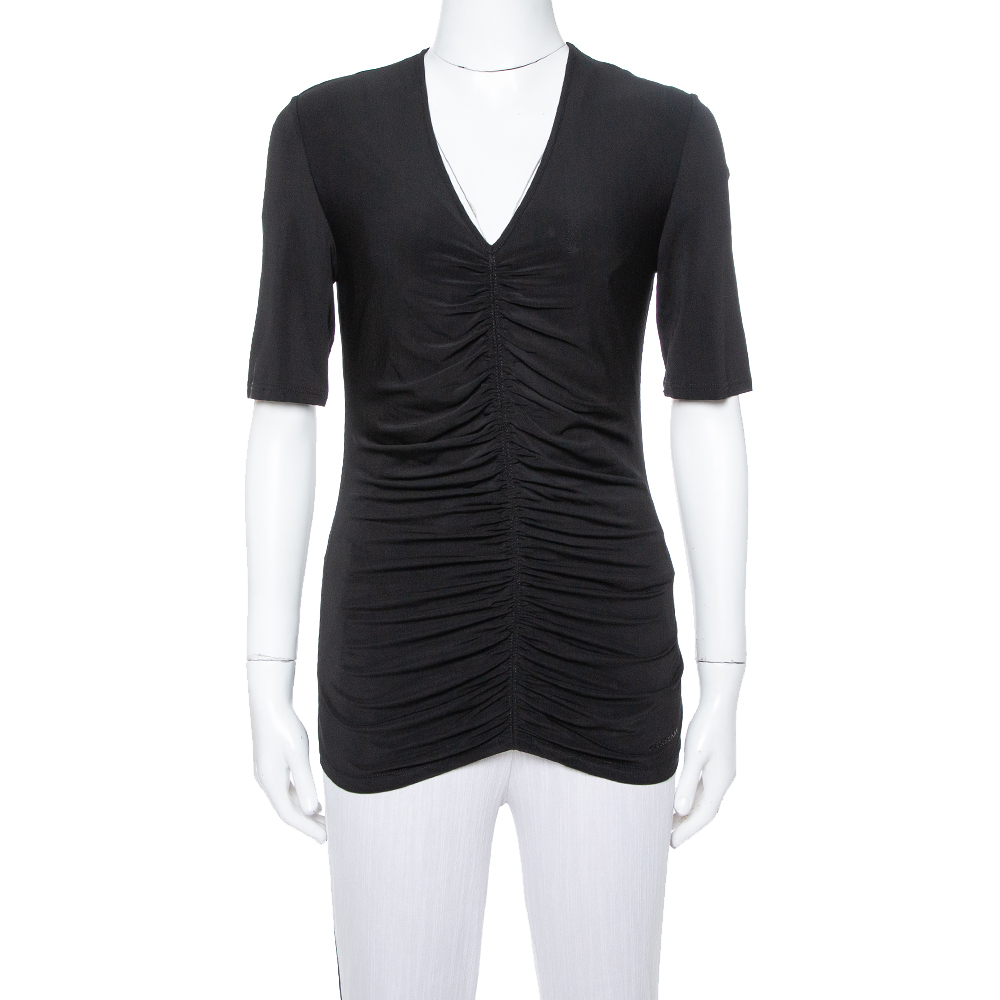 Image of Burberry Black Stretch Knit Ruched V-Neck Top S