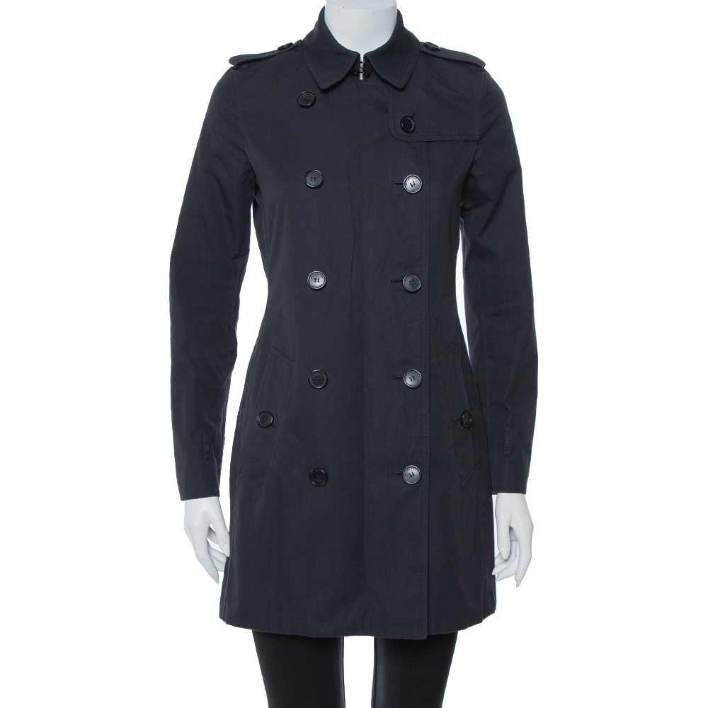 Image of Burberry Midnight Blue Gabardine & Jacquard Lapel Detail Trench Coat S