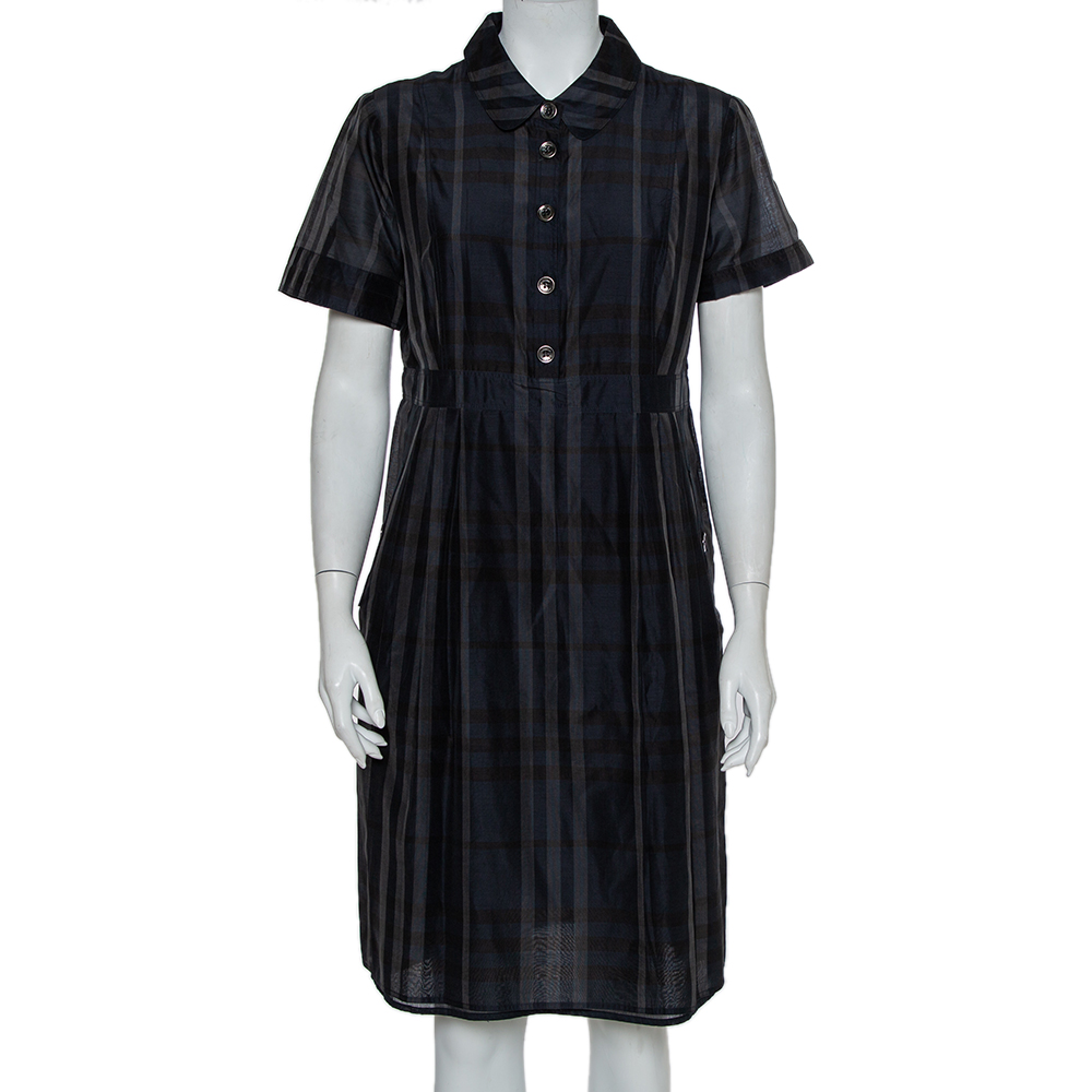 Burberry Navy Blue Checkered Cotton Silk Midi Dress L