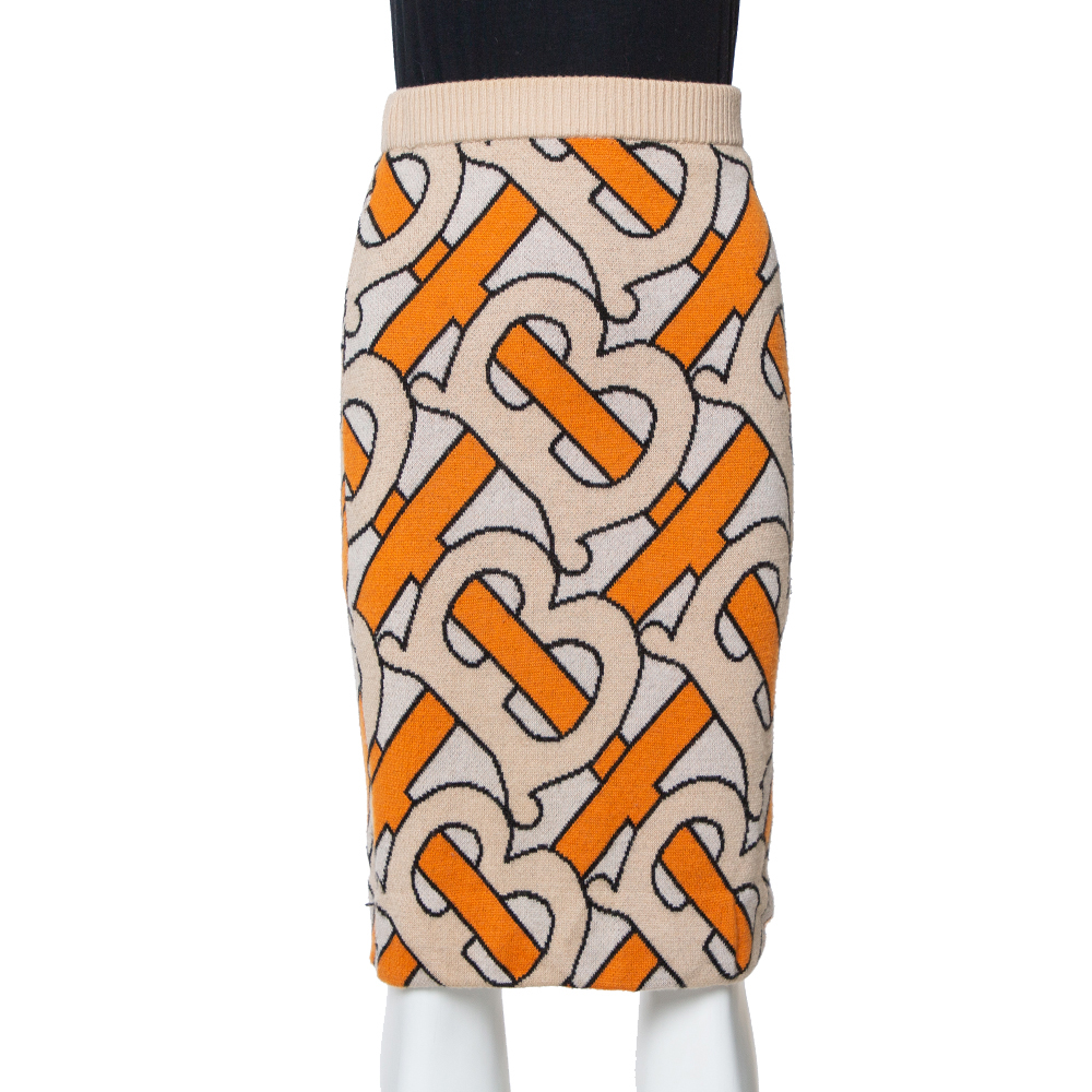 Burberry Beige & Orange Logo Jacquard Wool Midi Skirt S