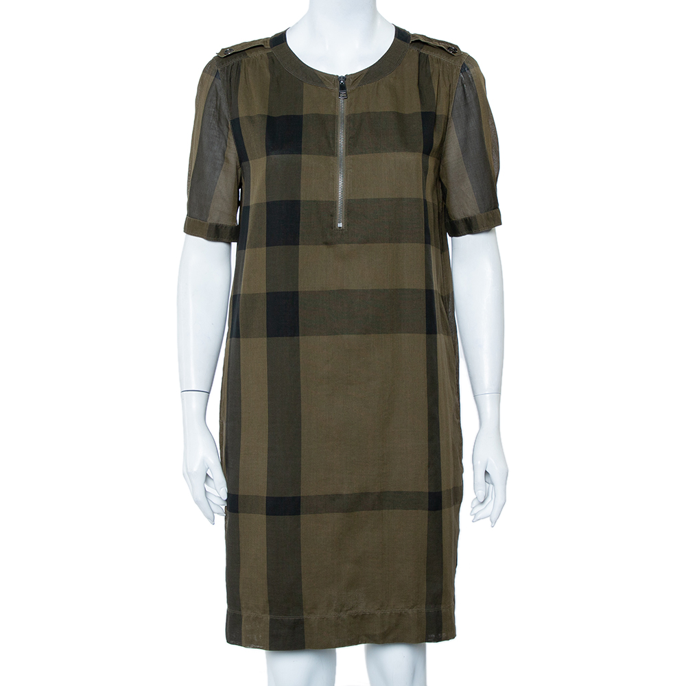 Burberry Brit Military Green Plaided Cotton Zipper Front Shift Dress S