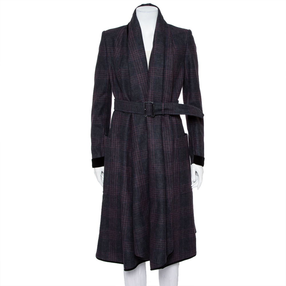 Burberry Prorsum Charcoal Grey Checkered Wool & Cashmere Waterfall Collar Belted Coat S