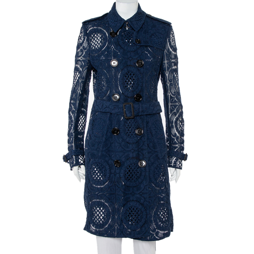 Burberry Navy Blue Lace Double Breasted Belted Stanhill Trench Coat L