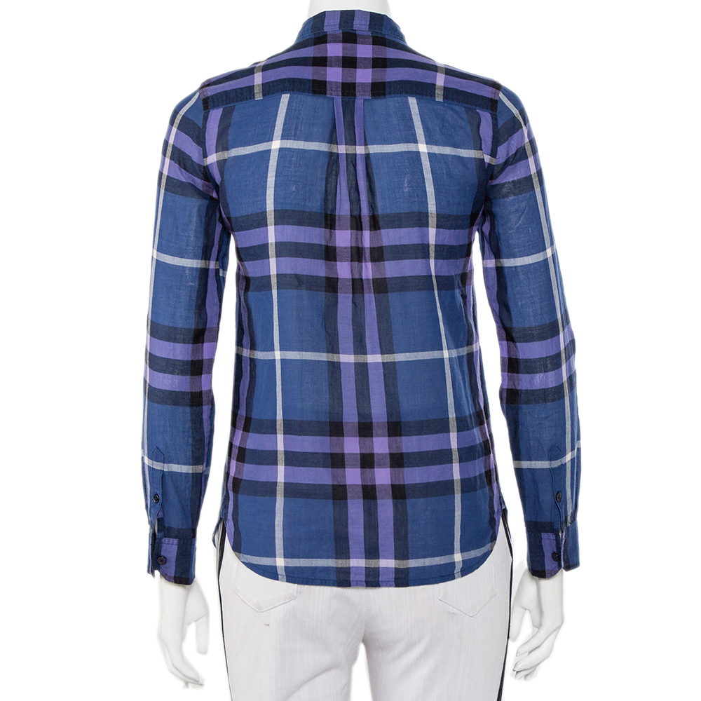 Burberry Brit Navy Blue Checkered Cotton Half Buttoned Shirt XXS