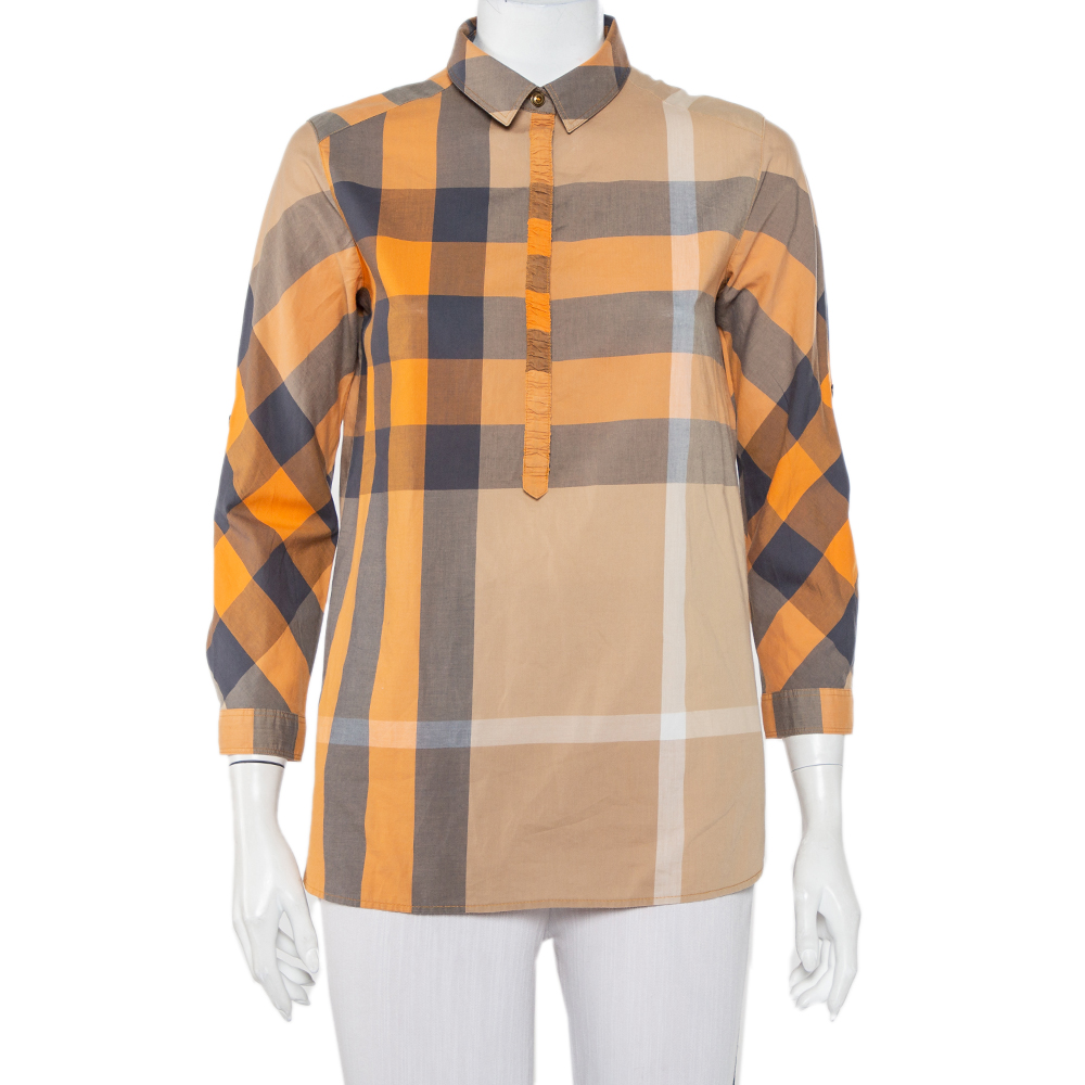 Burberry Brit Orange Nova Check Cotton Half Buttoned Shirt XS