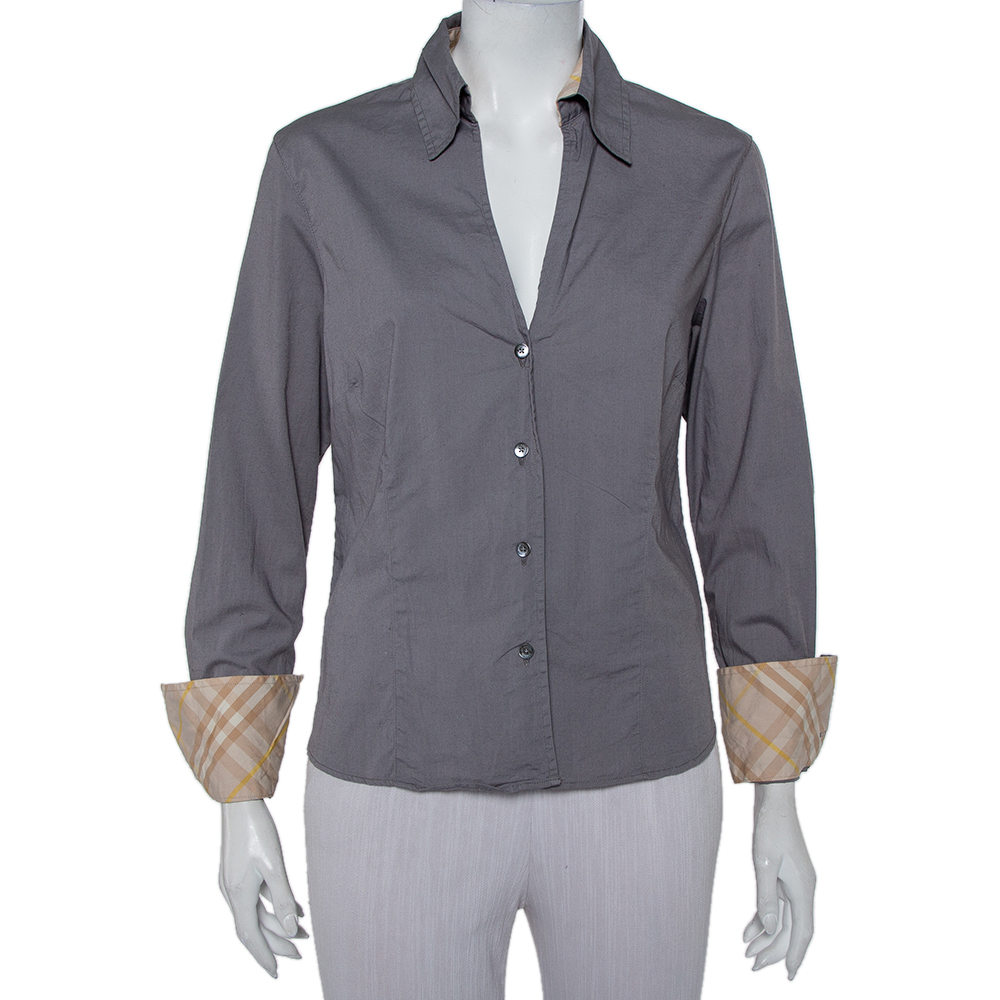 Burberry Grey Cotton V-Neck Collared Button Front Shirt XL