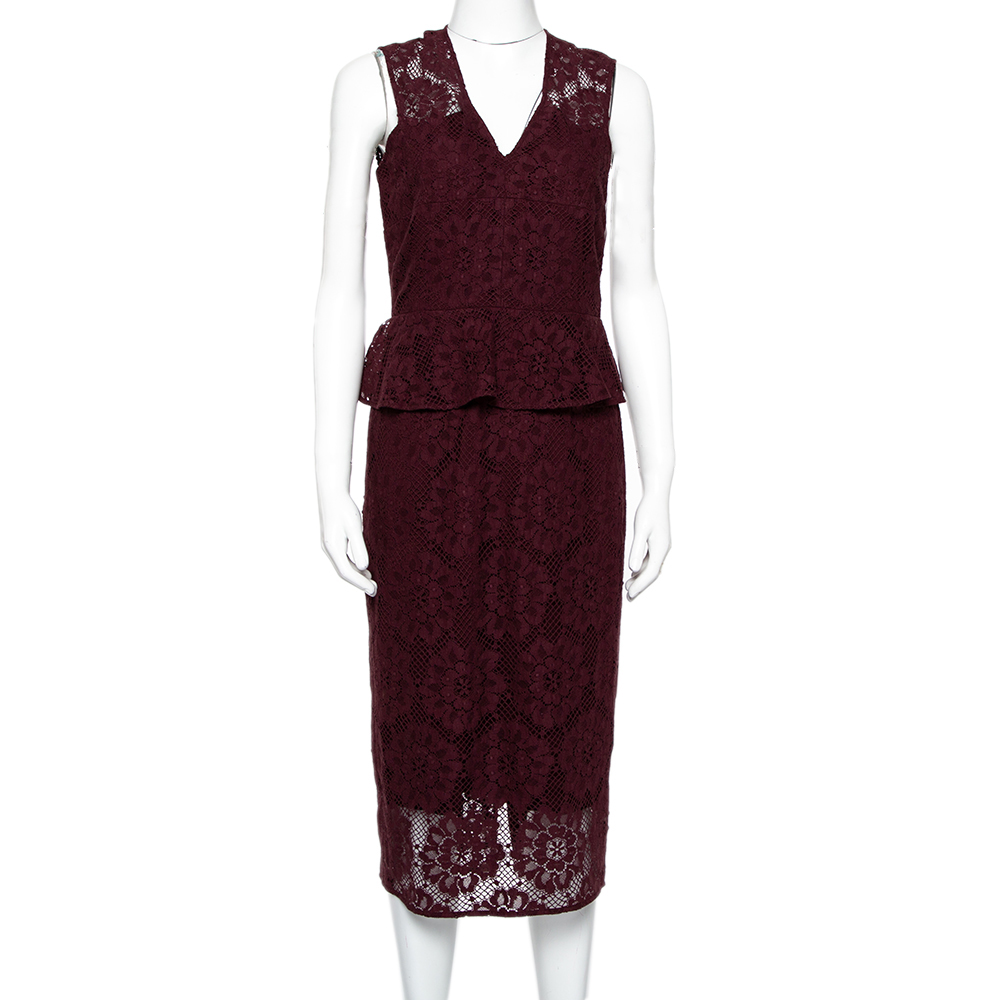 Burberry Burgundy Lace Peplum Detail Sleeveless Dress S