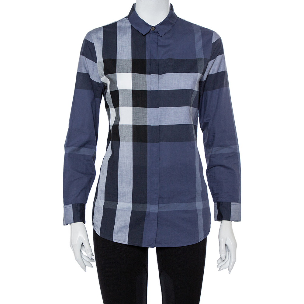 Burberry Navy Blue Checkered Cotton Button Front Shirt S