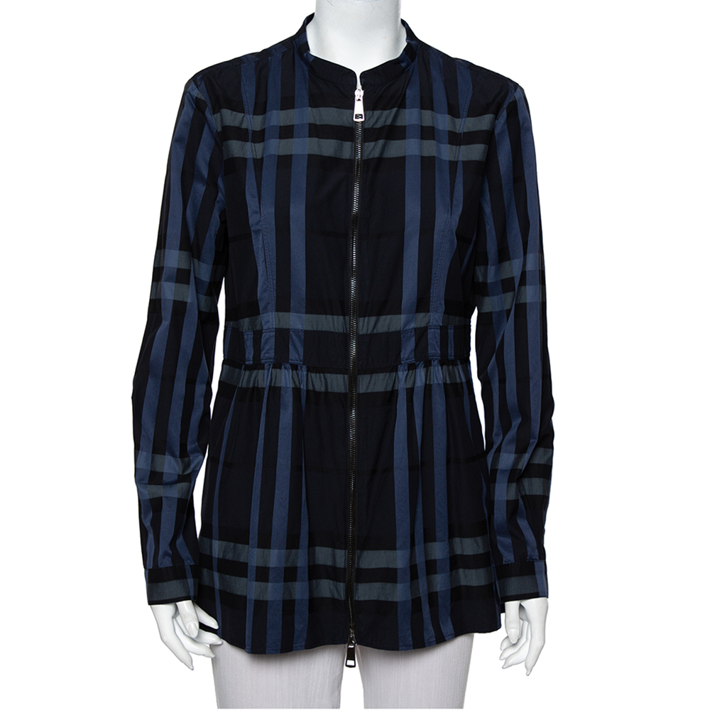 Burberry Navy Blue Checkered Cotton Zip Front Stand Collar Top M