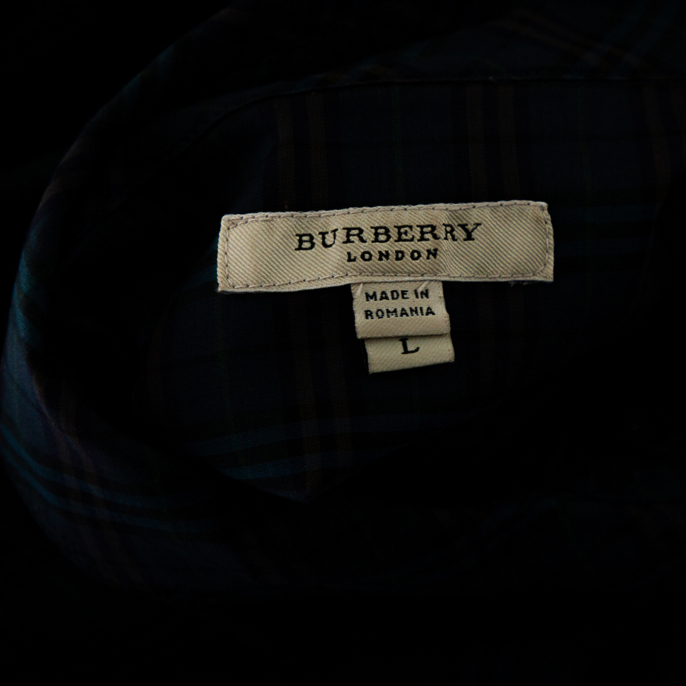 Burberry Green Checkered Cotton Pintuck Detail Shift Dress L
