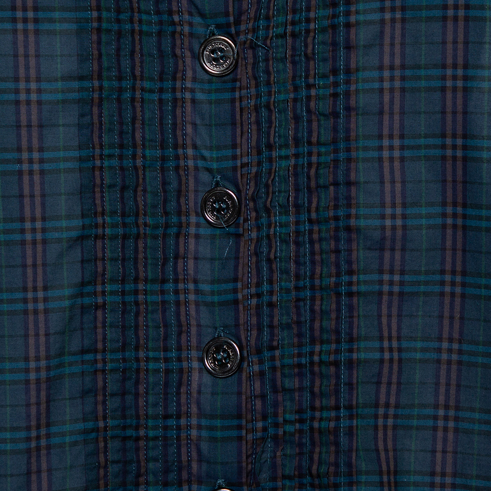 Burberry Green Checkered Cotton Pintuck Detail Shift Dress L