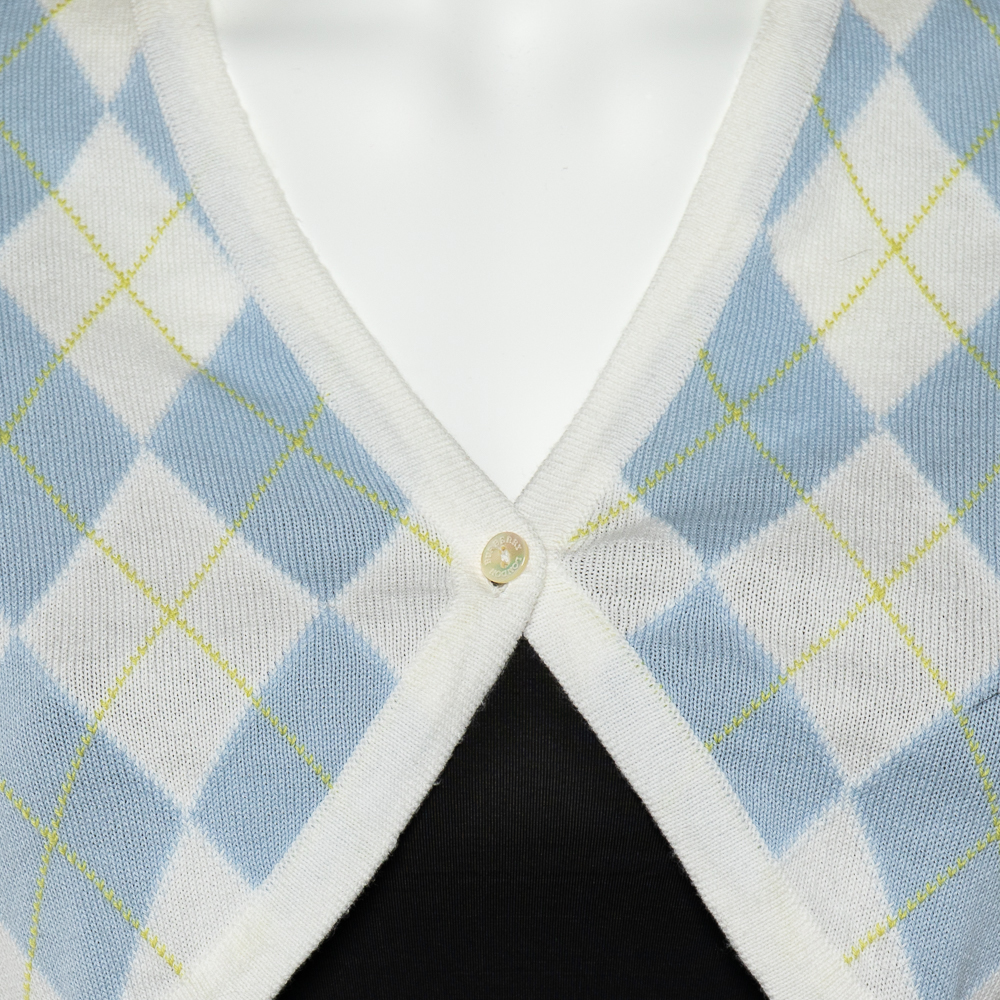 Burberry White Argyle Cotton Knit Cropped Cardigan S