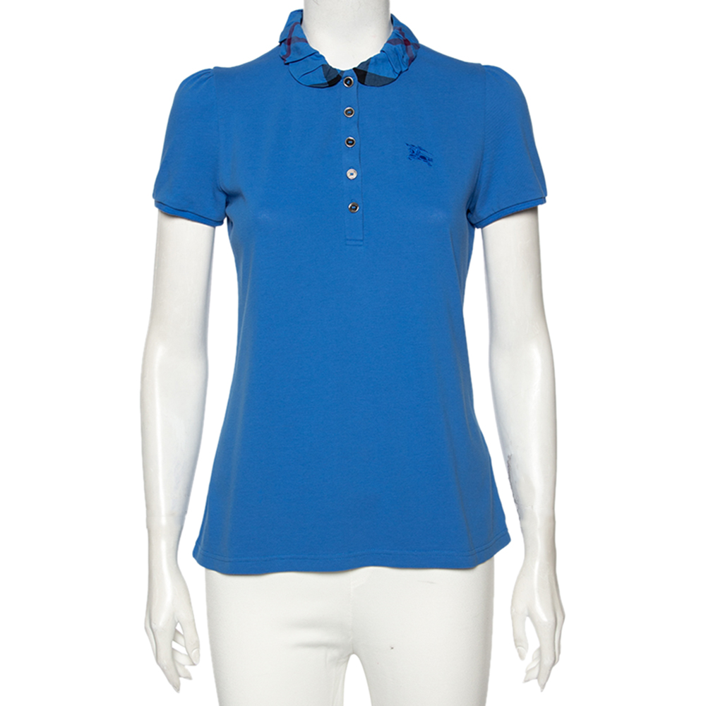 Burberry Blue Cotton Pique Ruched Collar Polo T-Shirt M