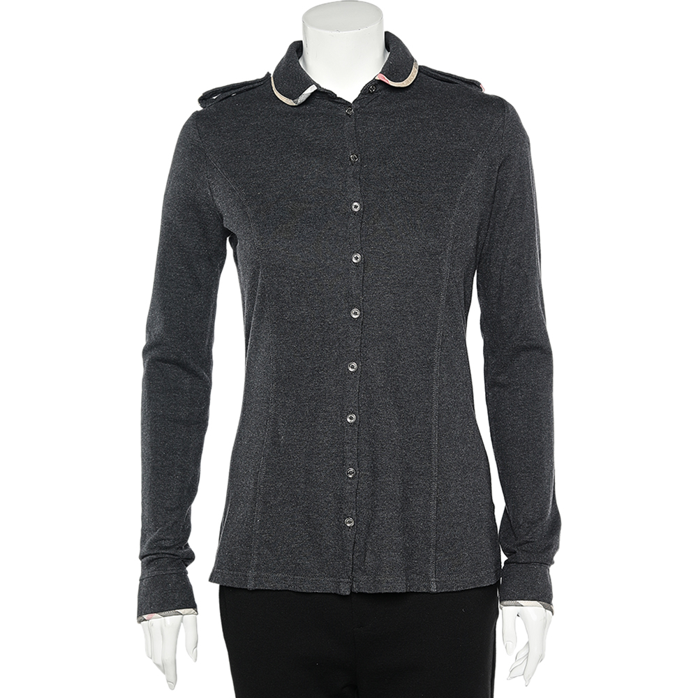 Burberry Grey Cotton Knit Long Sleeve Button Front Top M