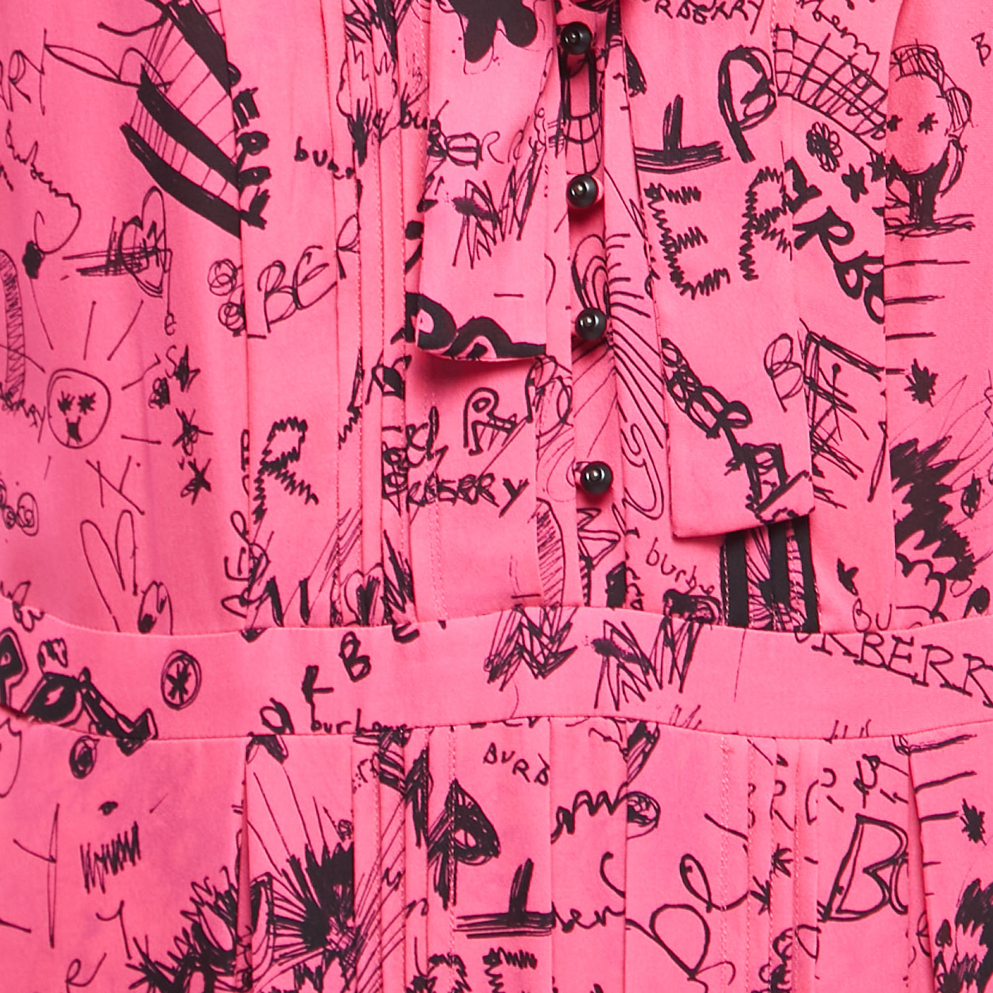 Burberry Pink Antonina Doodle Print Silk Neck Tie Detail Midi Dress L