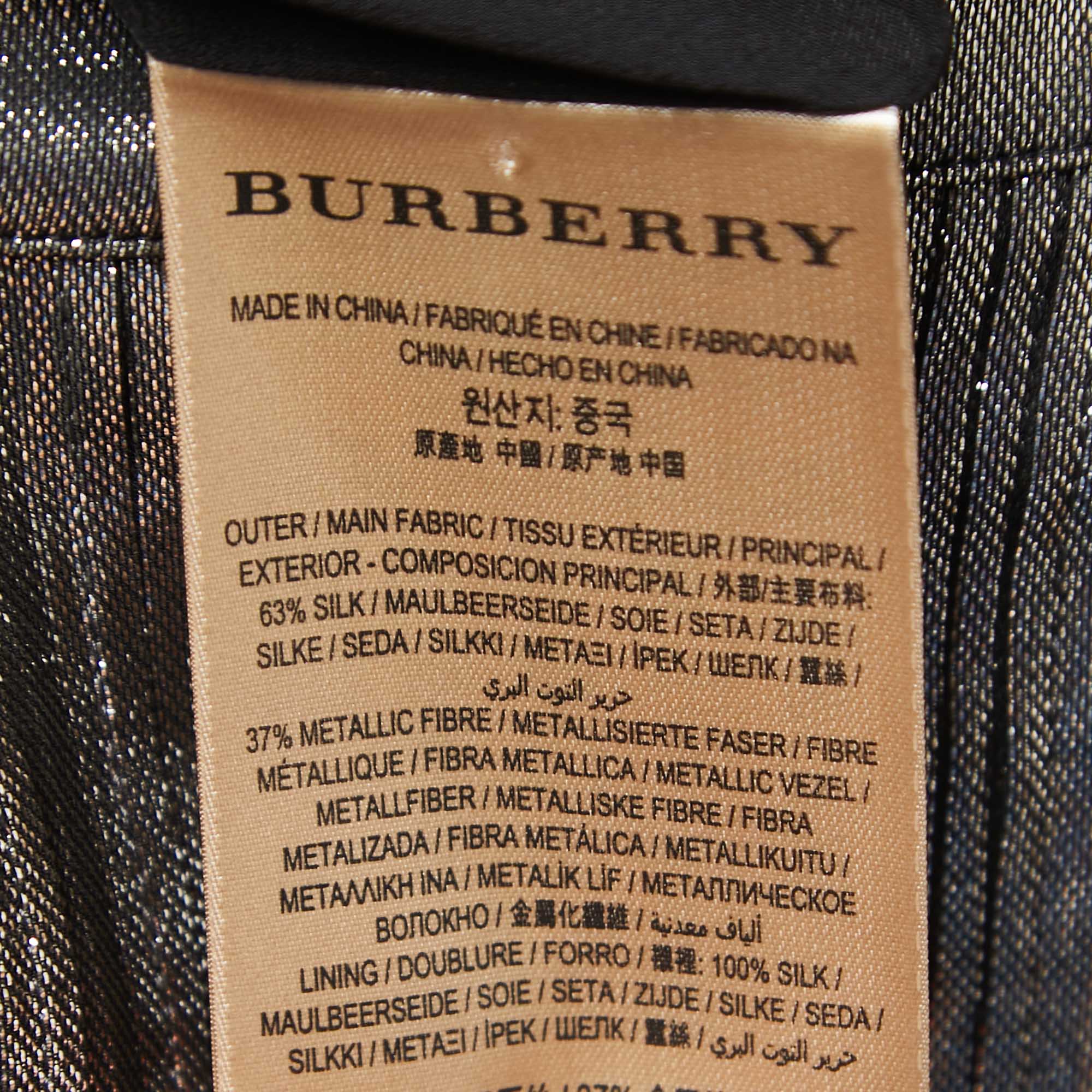 Burberry Metallic Grey Lurex & Silk Button Front Belted Short Dress L