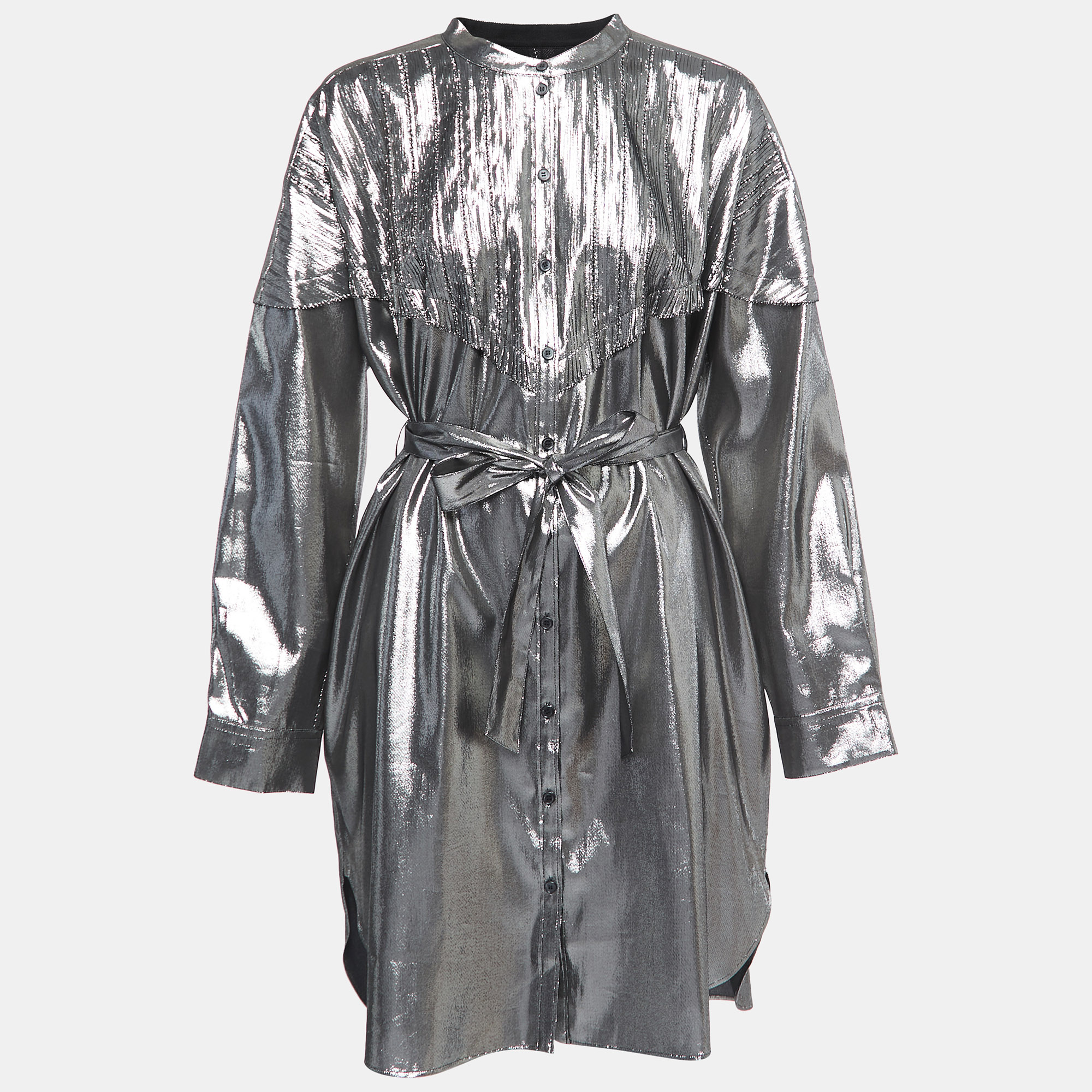 Burberry Metallic Grey Lurex & Silk Button Front Belted Short Dress L
