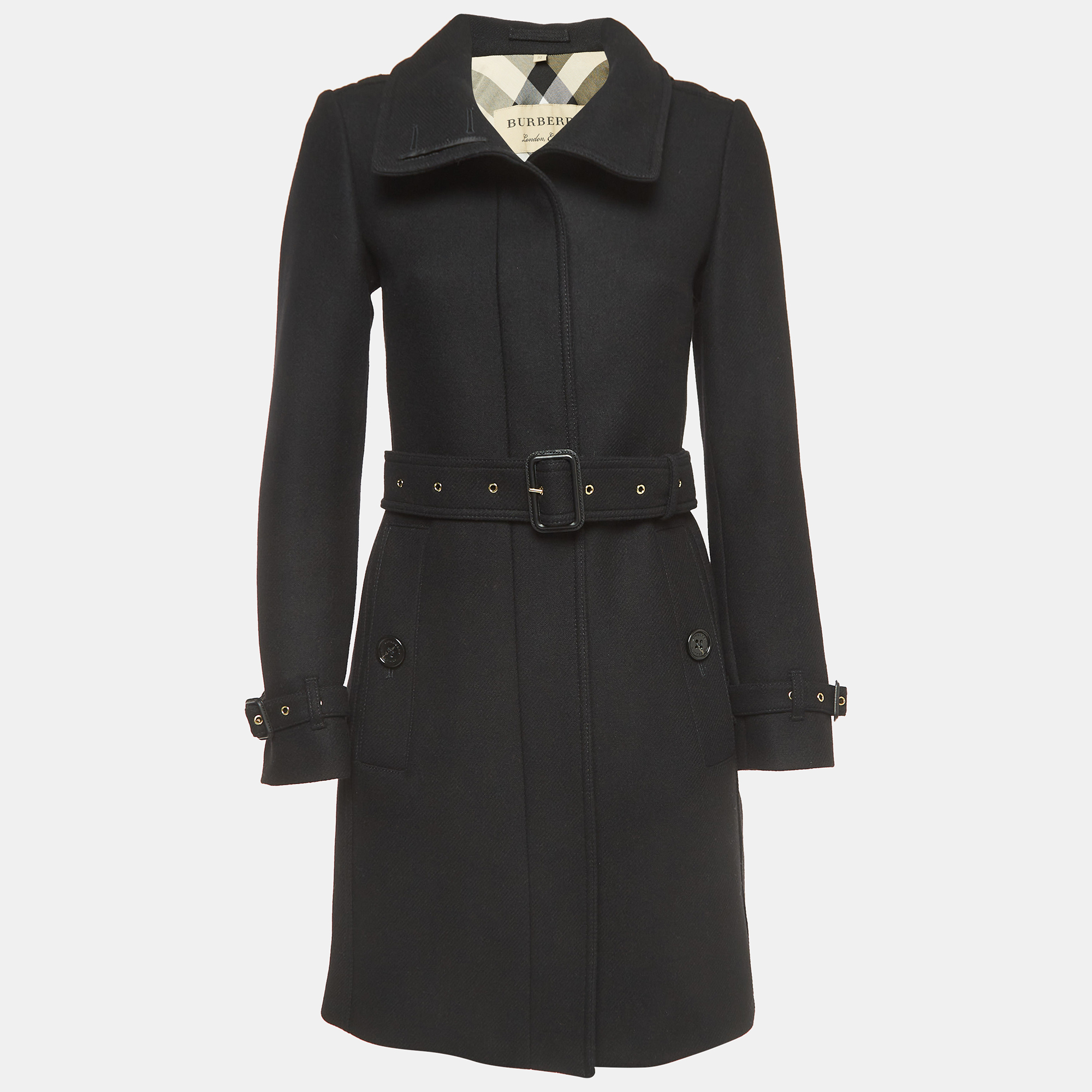 Burberry Black Wool Blend Single Breasted Belted Trench Coat S