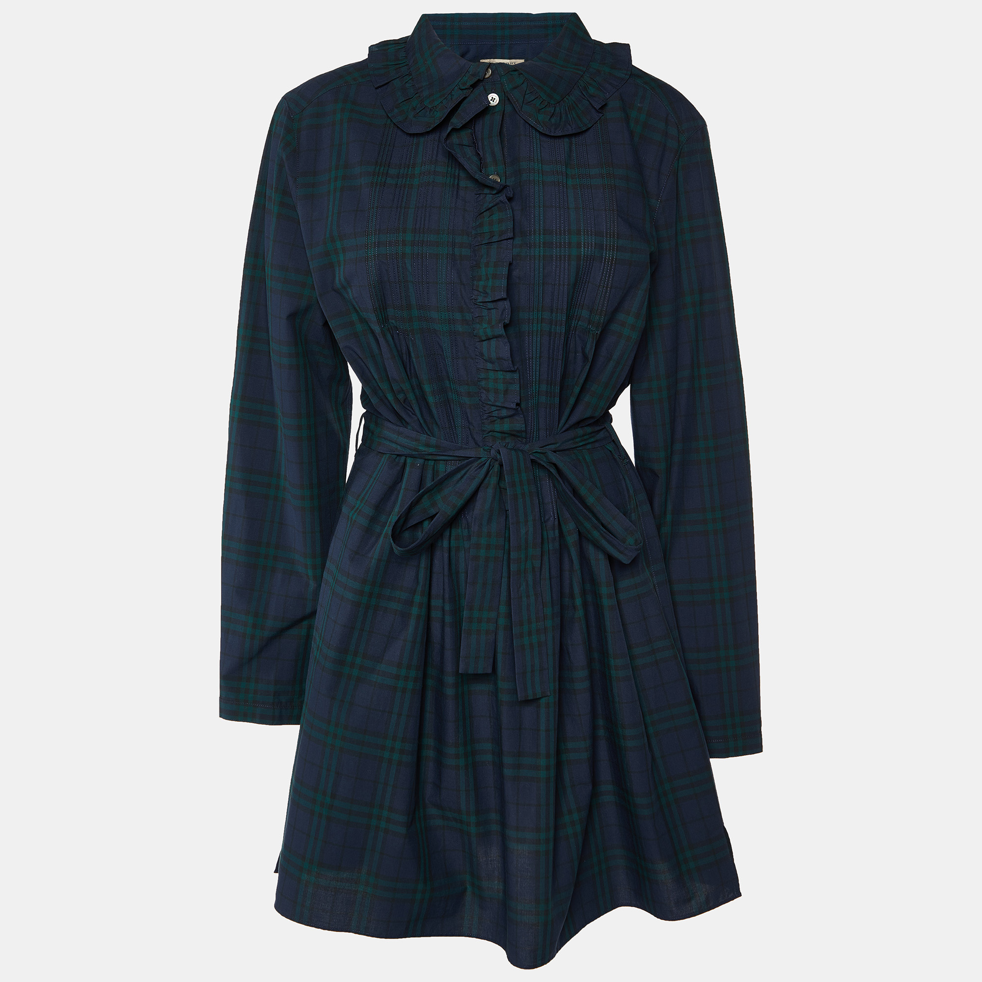 Burberry navy blue/green plaid check cotton belted dress l