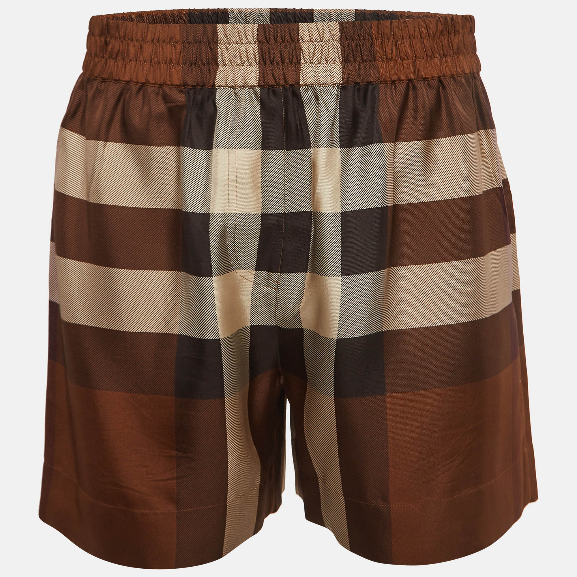 Burberry brown exploded checked silk elasticated waist shorts m