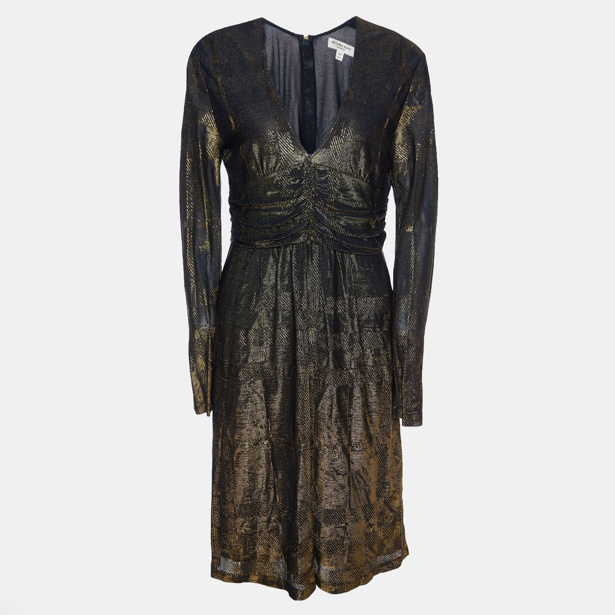 Burberry gold metallic knit ruched long sleeve dress l