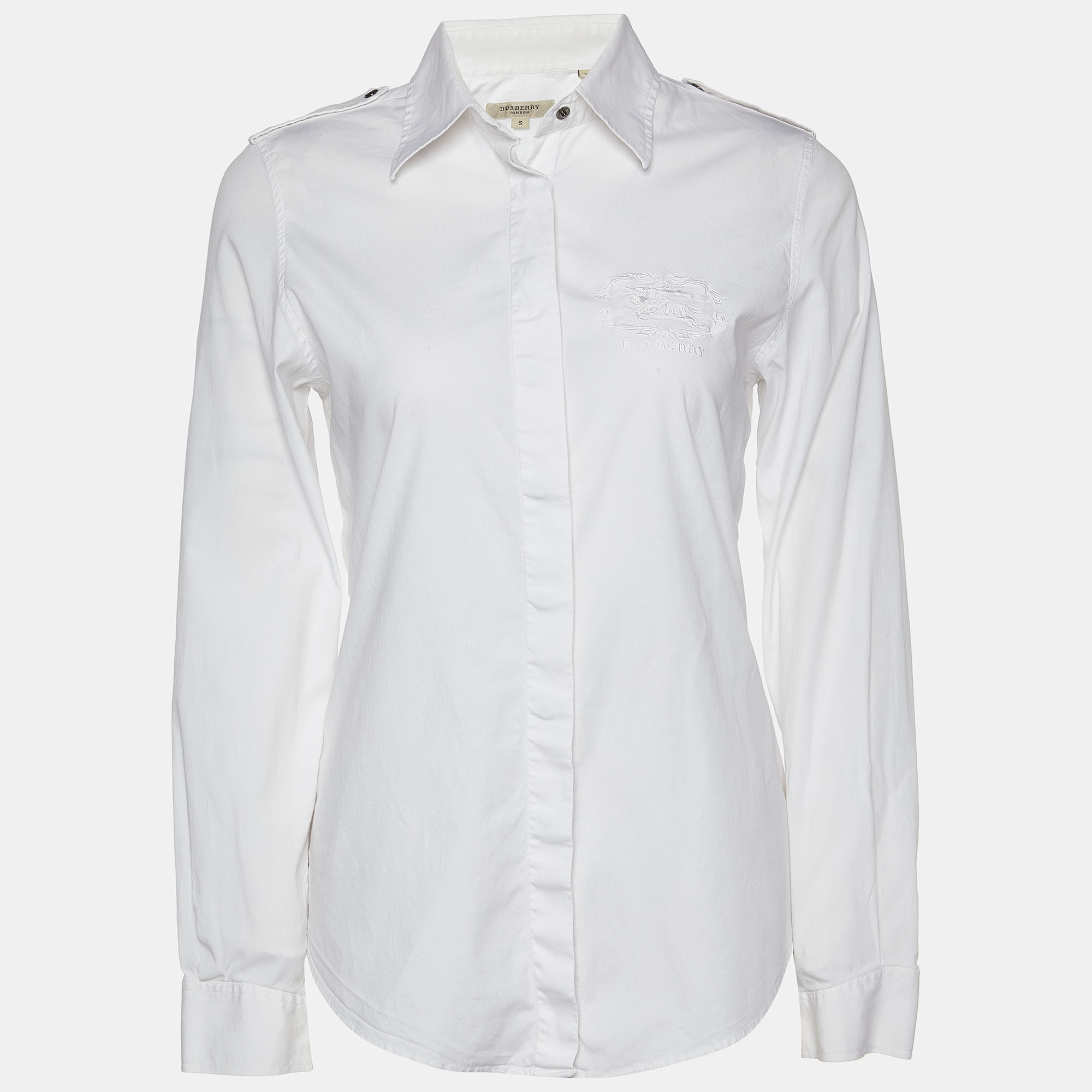 Burberry white cotton logo embroidered long sleeve shirt s
