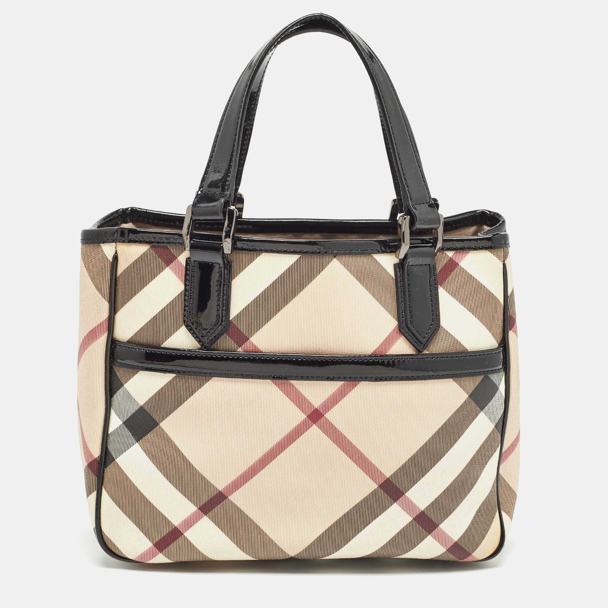 Burberry black/beige nova check pvc and patent leather front pocket tote