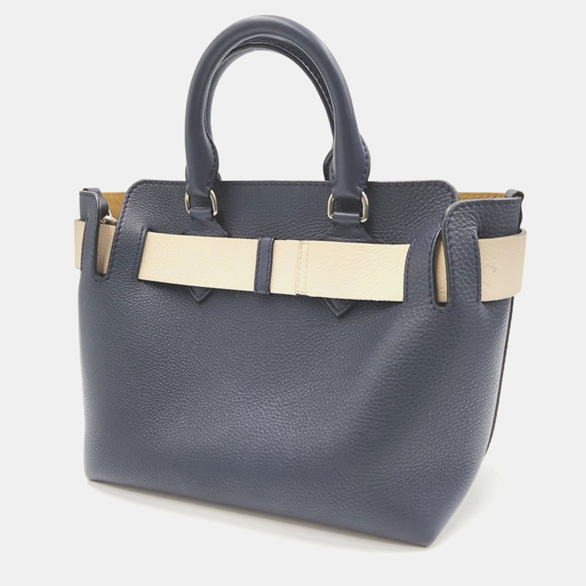 Burberry Navy Blue Leather Small Belt Tote Bag