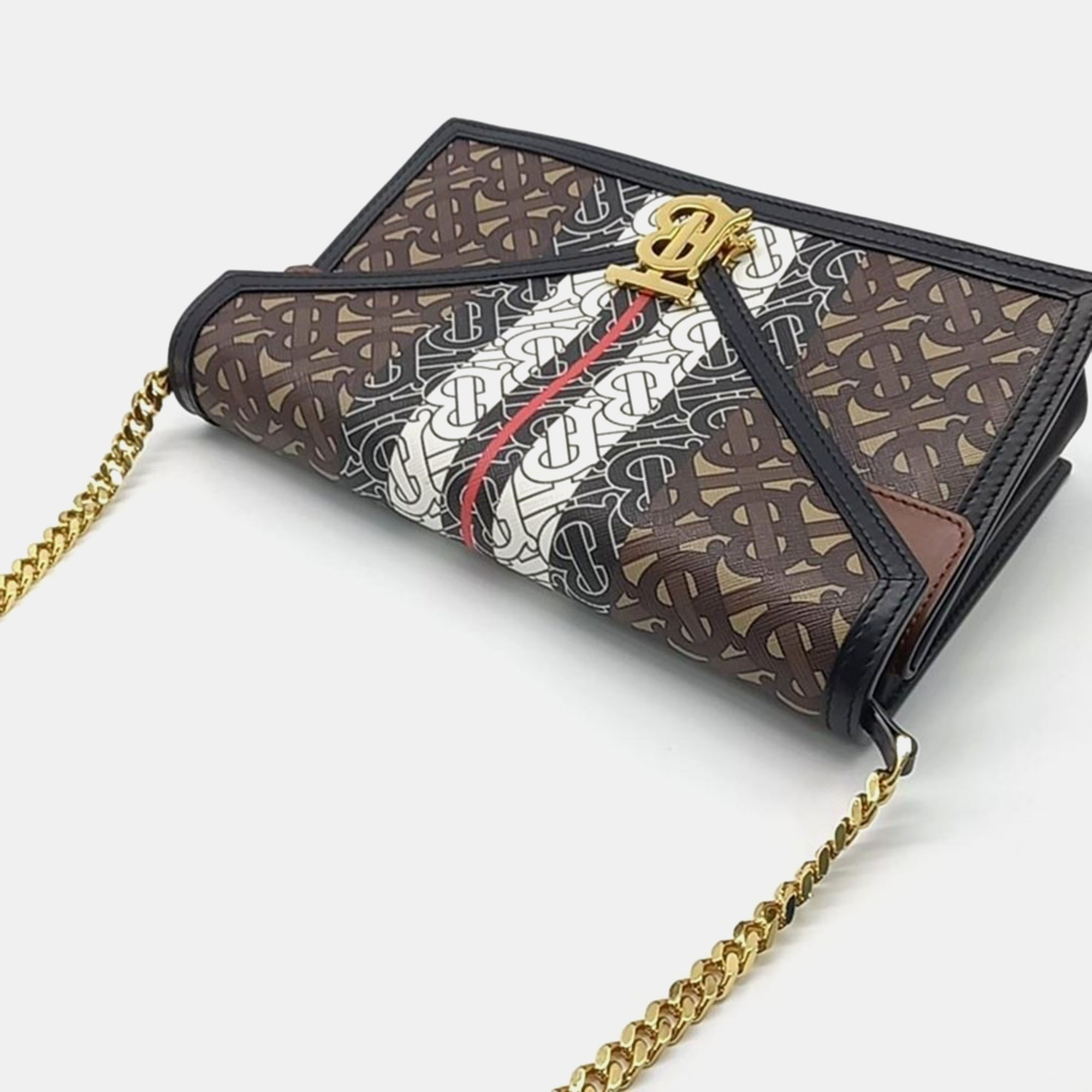 Burberry Brown Monogram E-Canvas Small TB Envelope Chain Clutch