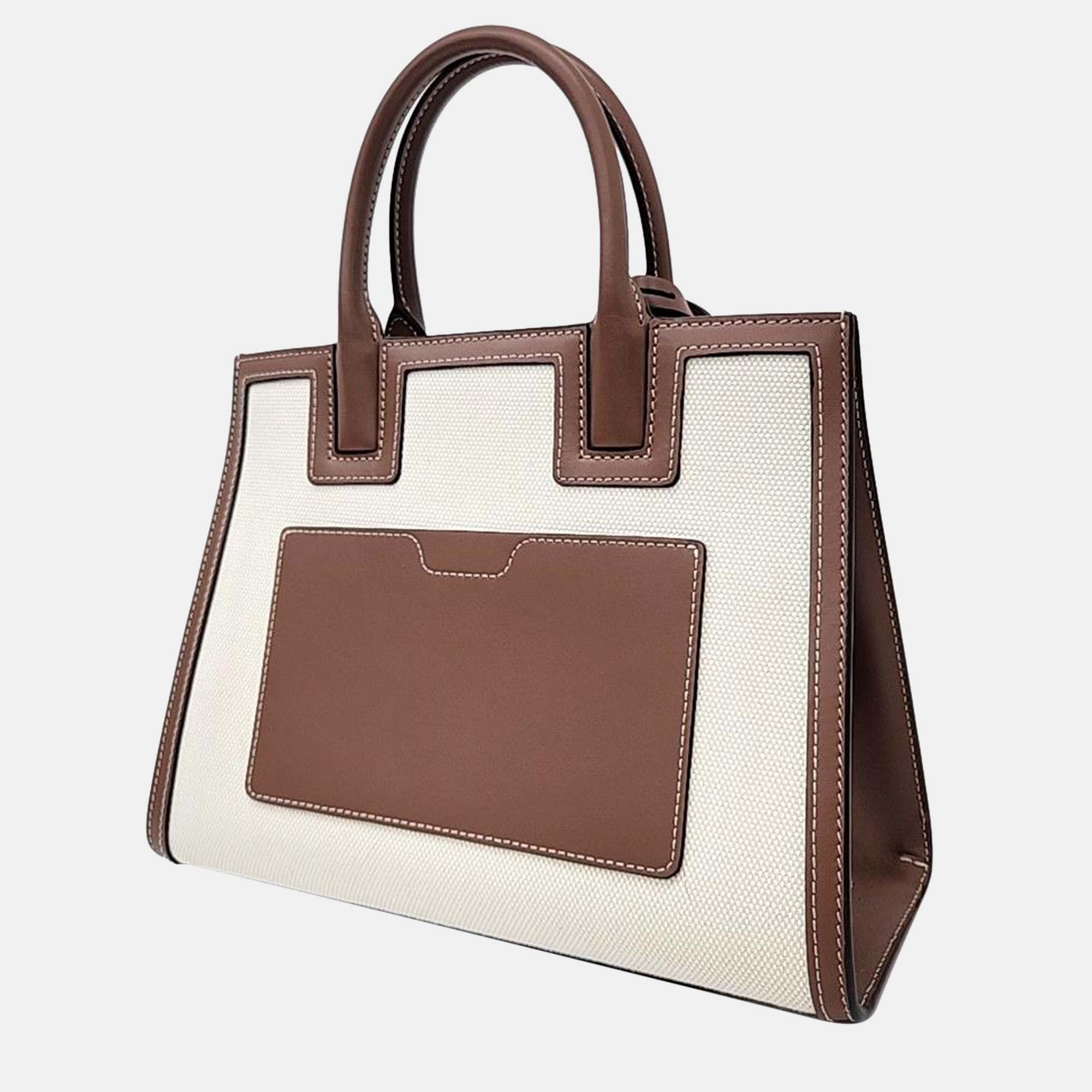 Burberry Ivory/Brown Leather And Canvas Mini Frances Tote Bag