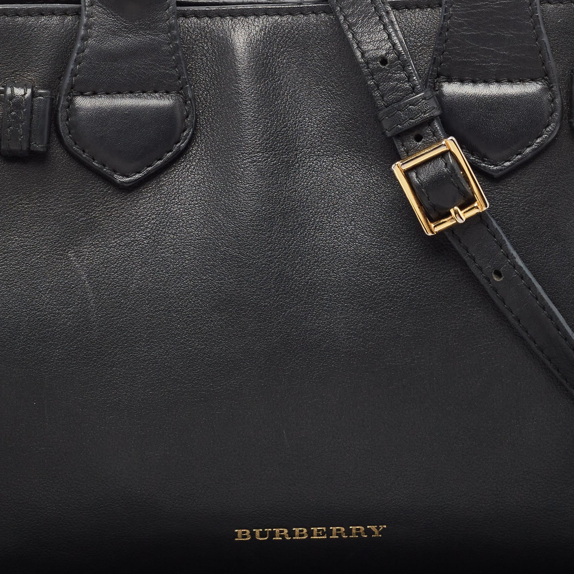 Burberry Black/Beige Leather And House Check Fabric Small Banner Tote