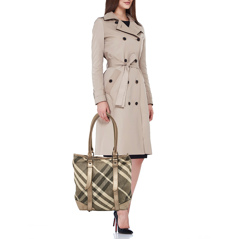 Burberry Metallic Beat Check Shimmer Canvas And Leather Snap Tote