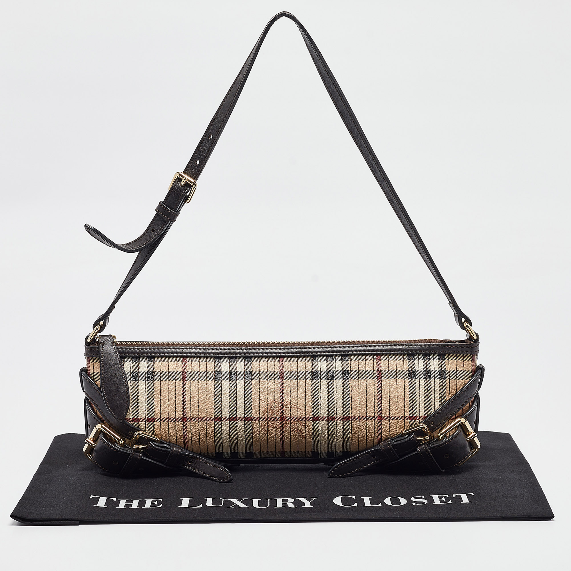 Burberry Brown/Beige Haymarket Coated Canvas And Leather Stipe Long Shoulder Bag