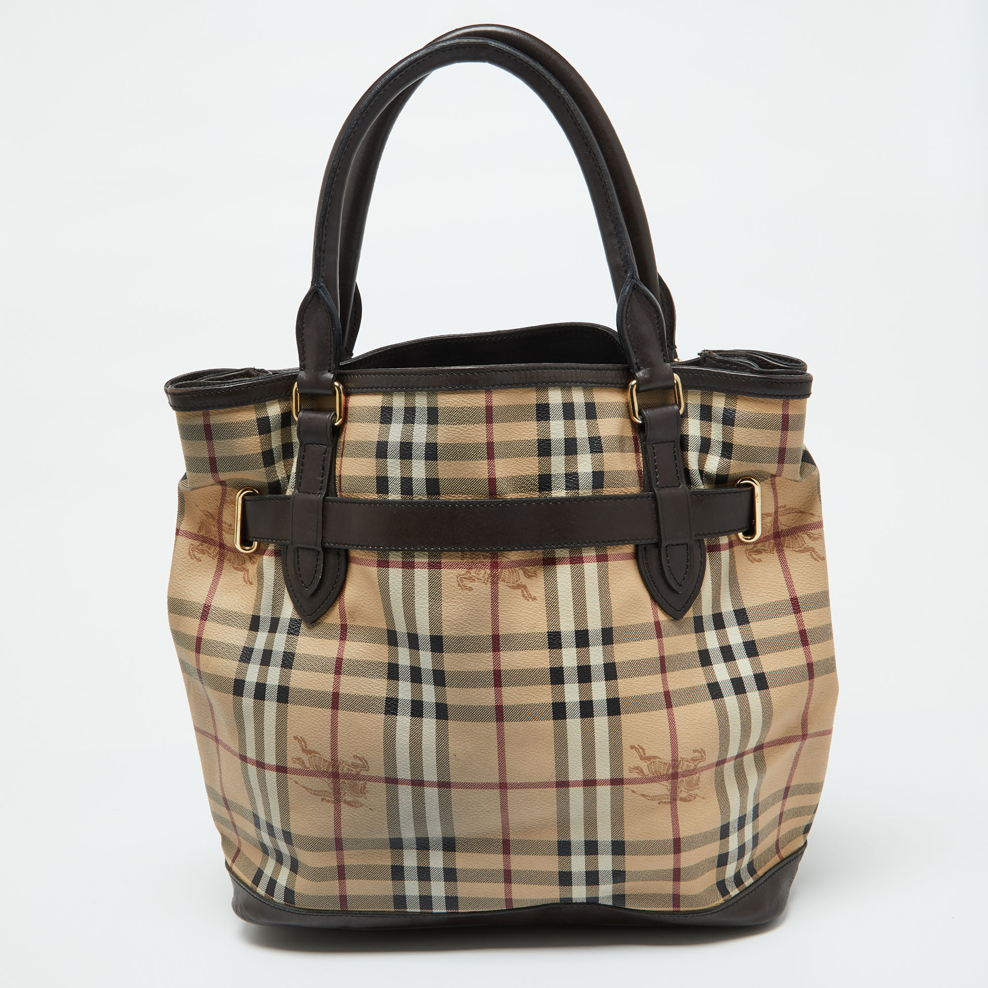 Burberry Beige/Brown Haymarket Check PVC And Leather Medium Golderton Tote